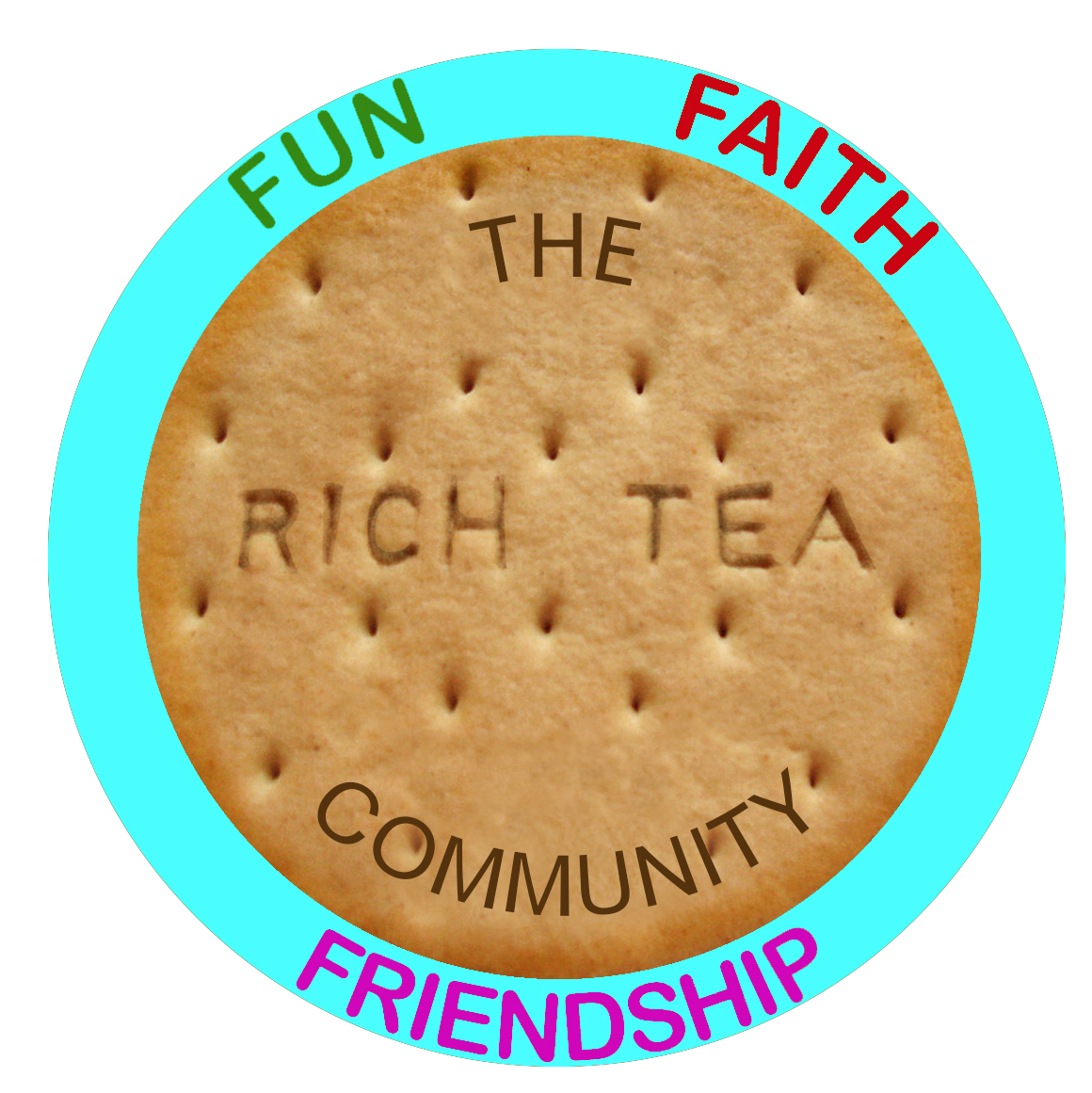 The Rich Tea Community logo, designed to look like a Rich Tea biscuit. The biscuit is circular and light brown with indentations like a real biscuit. Inside the circle, the words "Faith," "Fun," and "Friendship" are arranged around "The Rich Tea" in the center. "Community" is written along the bottom edge. The logo is encased in a light blue circle.