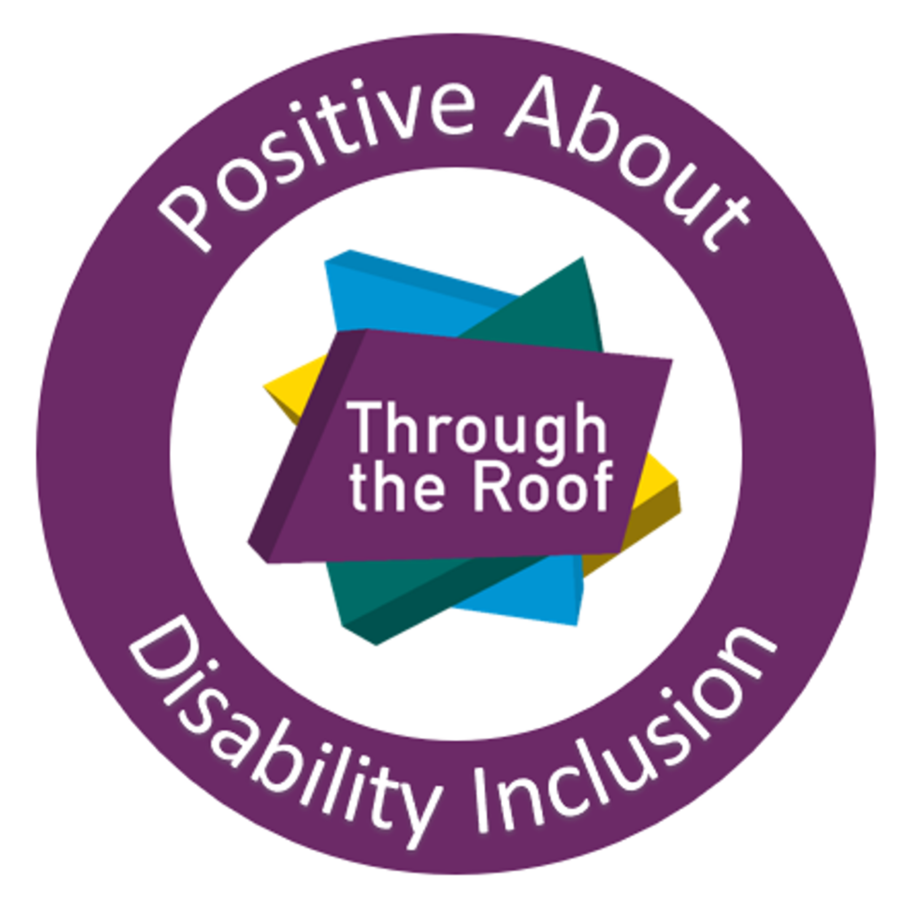 The Through the Roof logo, a purple circle with white text "Positive About Disability" surrounding a central icon of overlapping geometric shapes in blue, green, and yellow, with the text "Through the Roof" in a dark purple rectangle in the center.